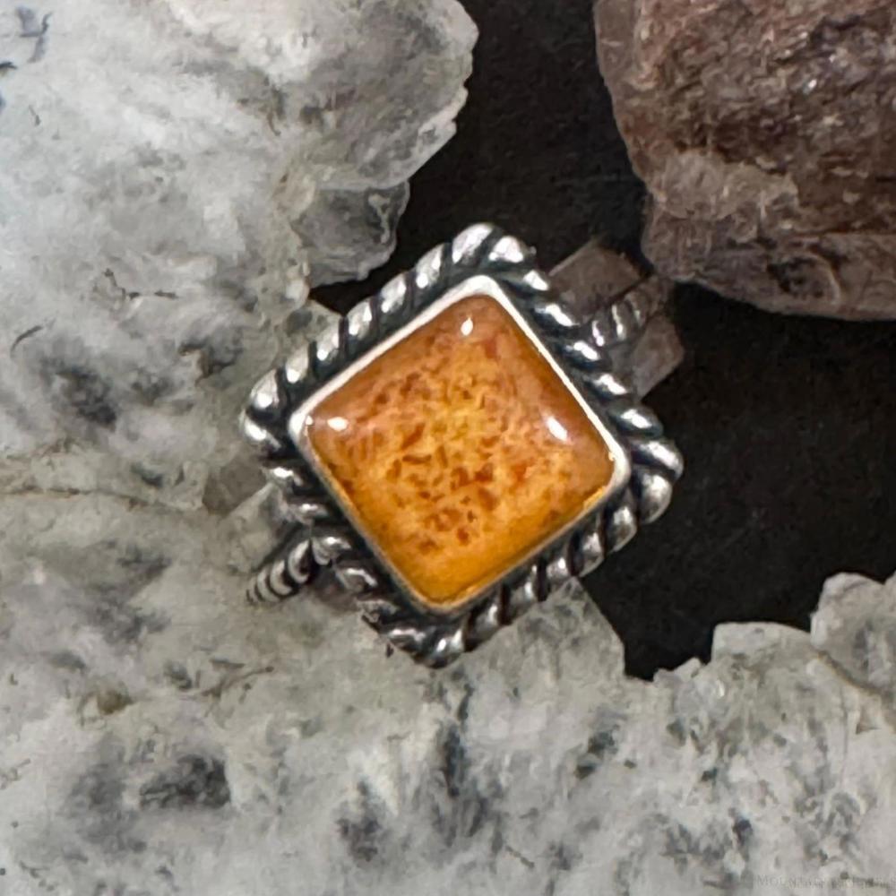 Sterling Silver Square Amber Resin Ring - Orange